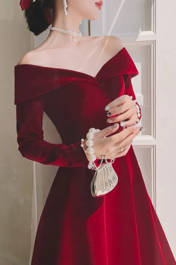 cotton a line dress for women A-Line Off Shoulder Velvet Burgundy Long Prom Dress, Burgundy Long For –  shdress main image 1