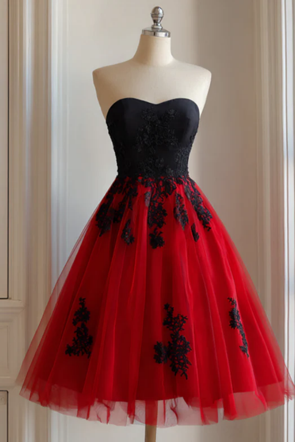 strapless open back dress A Line Black and Red Sweetheart Party Dress, Short Tulle Lace Homecomi –  Anneprom