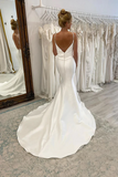 Spaghetti Straps V Neck Pleats Simple Mermaid Satin Wedding Dress APW0424