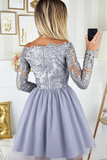 A line Off the shoulder Short Prom Dress With Lace Long Sleeve Beautiful Homecoming Dresses APH0223