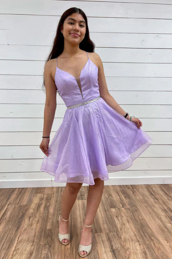 V Neck A Line Purple Tulle Prom Dresses with Belt, Backless Short Home –  Anneprom