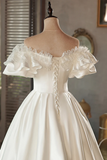 White Satin Lace Off Shoulder Prom Dress, White Evening Dress, Wedding Dress APH0253