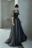Black Tulle Sequins Long Prom Dress, Lovely A Line Evening Party Dress APP0884