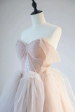 A Line Off Shoulder Tulle Lace Champagne Pink Long Prom Dress, Lace Long Formal Dress APP0888