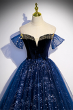 A Line Tulle Off Shoulder Beaded Long Party Dress, Navy Blue Tulle Prom Dress APP0889