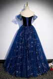 A Line Tulle Off Shoulder Beaded Long Party Dress, Navy Blue Tulle Prom Dress APP0889