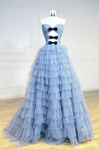 A Line Sweetheart Neck Tulle Blue Long Prom Dress, Blue Long Formal Dress APP0894