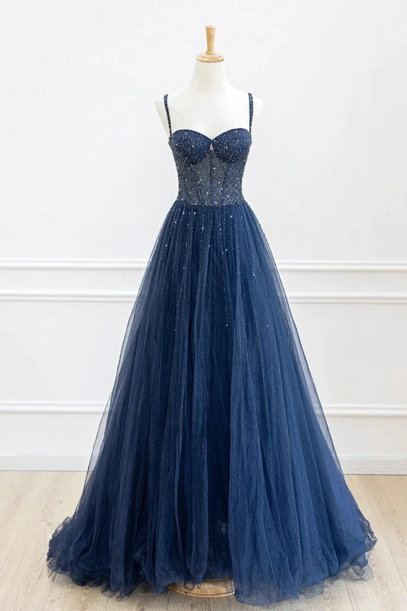 Blue Spaghetti Strap Tulle Sequins Long Prom Dress, Beautiful A Line Evening Party Dress APP0920