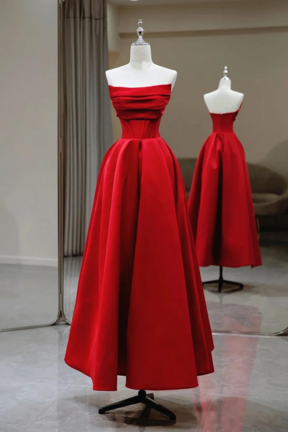 Red Satin Simple Long Party Dress, Red Satin Prom Dress Evening Dress APP0922