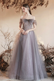 Gray Tulle Beaded Long Prom Dress, Beautiful Off the Shoulder Evening Party Dress APP0923