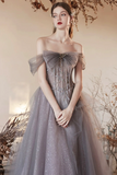 Gray Tulle Beaded Long Prom Dress, Beautiful Off the Shoulder Evening Party Dress APP0923