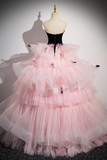 Pink Sweetheart Neck Tulle Long Prom Dress, Pink Long Prom Gown APP0924