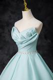 Blue Tulle Floor Length Party Dress, A Line Strapless Formal Evening Dress APP0925