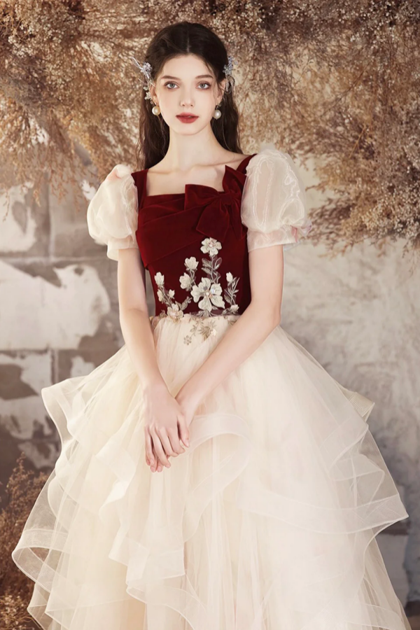 blue dress for baby girl Burgundy Velvet and Champagne Tulle Long Prom Dress, Lovely A Line Sho –  Anneprom