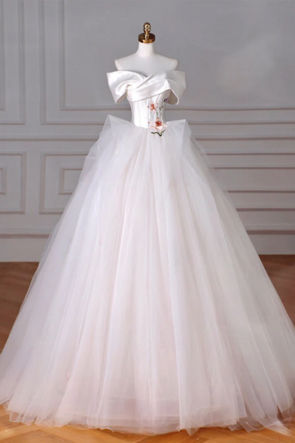 A Line Off Shoulder Tulle Beige Long Prom Dress, Beige Tulle Long Formal Dress APP0927