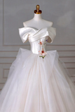 A Line Off Shoulder Tulle Beige Long Prom Dress, Beige Tulle Long Formal Dress APP0927