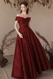 A Line Off Shoulder Satin Burgundy Long Prom Dress, Burgundy Long Formal Dress APP0929