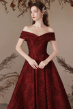 A Line Off Shoulder Satin Burgundy Long Prom Dress, Burgundy Long Formal Dress APP0929