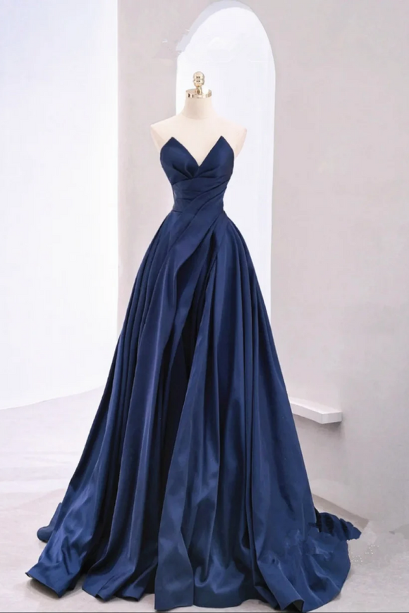 Navy Blue Tulle Long Party Dress, Navy Blue Satin Prom Dress APP0931