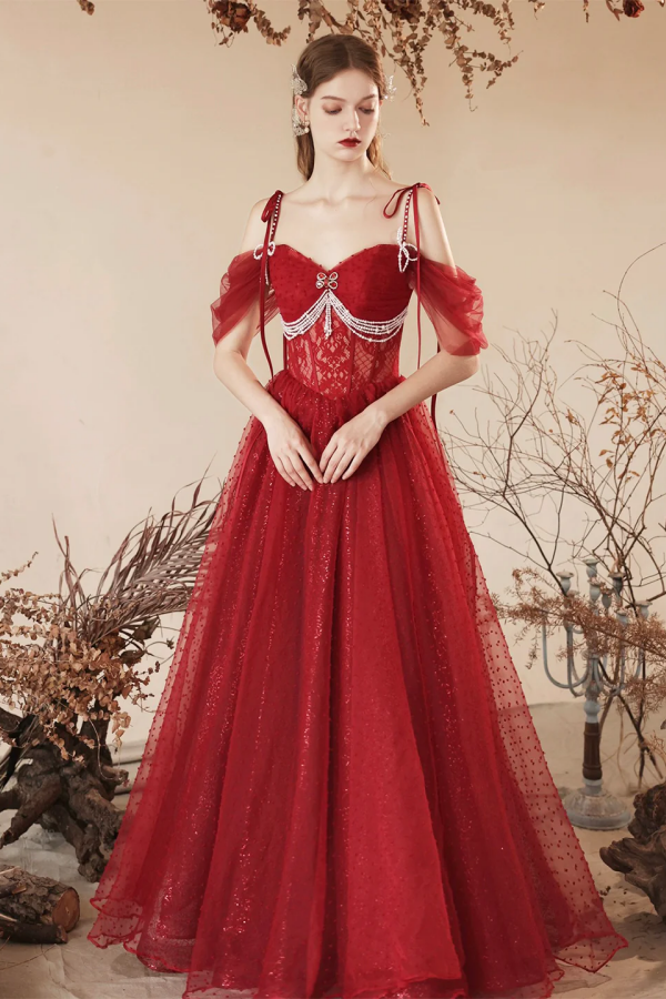 Dark Red Tulle Beaded Long Prom Dress, Beautiful Off the Shoulder Even   Anneprom