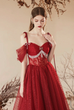 Dark Red Tulle Beaded Long Prom Dress, Beautiful Off the Shoulder Evening Party Dress APP0932