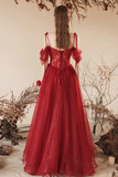 Dark Red Tulle Beaded Long Prom Dress, Beautiful Off the Shoulder Evening Party Dress APP0932