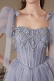 A Line Sweetheart Neck Tulle Beads Blue Long Prom Dress, Blue Long Evening Dress APP0933
