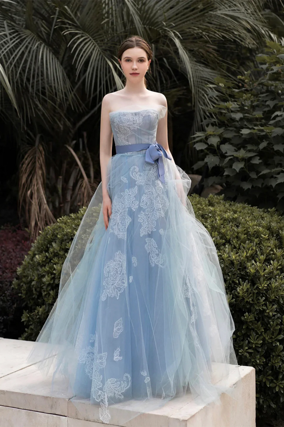 Grey Blue Strapless Lace Long Prom Dress, A Line Tulle Evening Party Dress APP0936