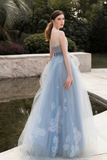 Grey Blue Strapless Lace Long Prom Dress, A Line Tulle Evening Party Dress APP0936