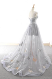 Cute Gray Tulle Star Butterfly Prom Dress Long Lace Up Party Gown APP0970