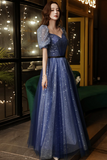 A Line Navy Blue Tulle Long Party Dress, Navy Blue Sweetheart Prom Dress APP0973
