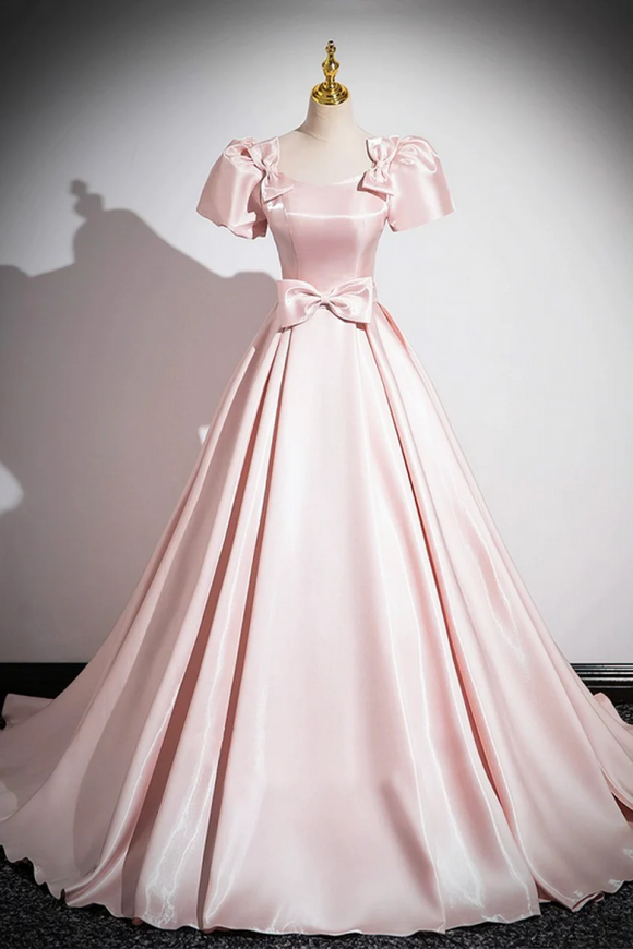 Pink Scoop Neckline Satin Floor Length Prom Dress, Short Sleeve A Line Party Dress APP0987