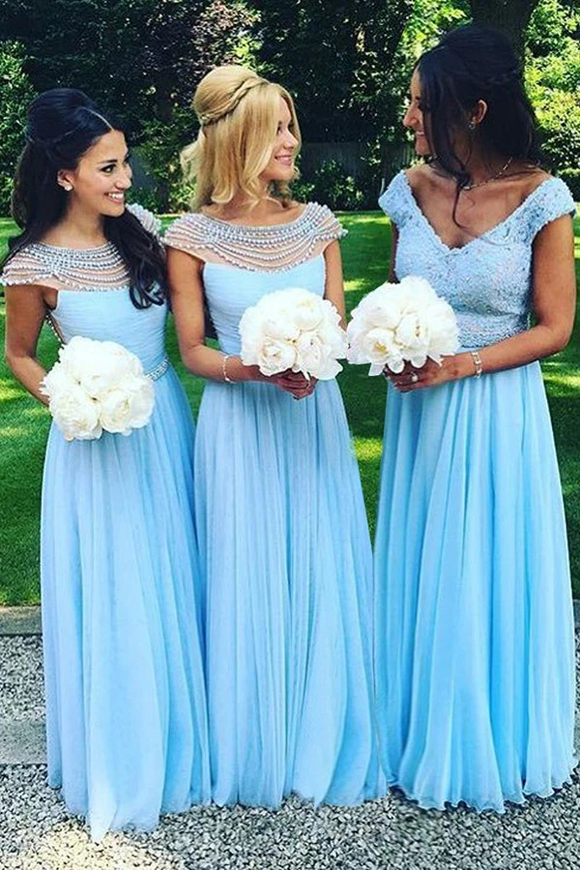 Anneprom Floor-Length Cap Sleeves Open Back Blue Bridesmaid Dress With Beading APB0036