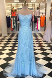 Anneprom Mermaid Spaghetti Straps Criss Cross Light Blue Lace Long Prom Dresses APP0004