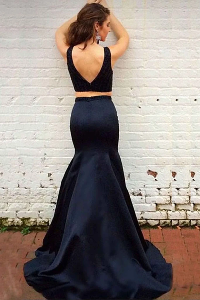 Anneprom Elegant Two Piece Black Mermaid Sweep Train Prom Dress With B Anneprom Elegant Two Piece Black Mermaid Sweep Train Prom Dress With B