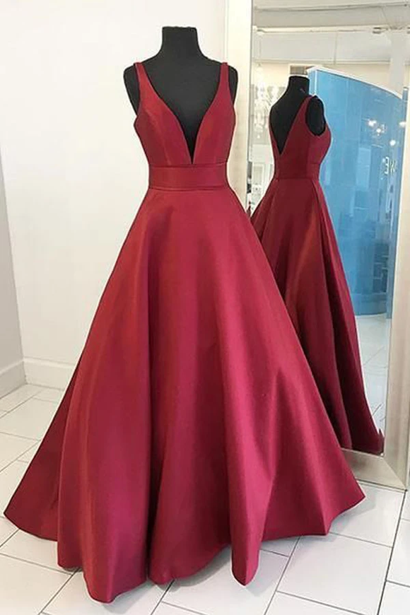 Anneprom Burgundy Satin Prom Dress A-Line Prom Dress Straps Evening Dress APP0124
