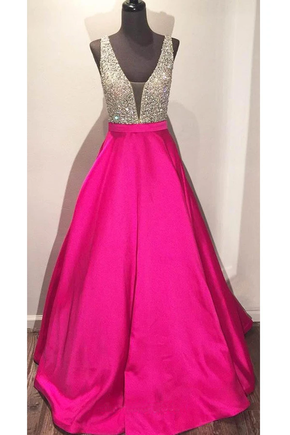 Anneprom V-Neck Floor-Length Ball Gown Hot Pink Satin Prom Dress With Beading APP0126