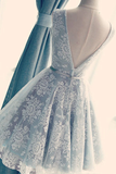 Anneprom A-Line V-Neck Backless Light Blue Lace Homecoming Dress With Belt APP0129