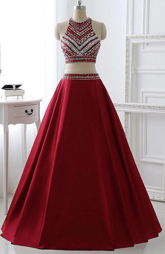 Anneprom Two Pieces Burgundy Prom Dress Bridal Party Dresses APP0025