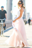 Anneprom Gorgeous Crew Long Pink Chiffon Prom Dress With White Lace Top APP0139