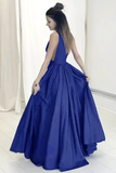 Anneprom A-Line Deep V-Neck Sweep Train Royal Blue Prom Dress With Ruched APP0140