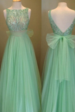 Anneprom Elegant Scoop Beading A-Line Tulle Green Floor-Length Prom Dresses APP0155