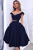 Anneprom Chic Off The Shoulder Navy Blue Homecoming Dresses Short Prom Dresses APP0159
