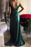 Anneprom Dark Green Prom Dresses Off-The-Shoulder Split Evening Dresses APP0009