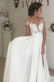 Anneprom V-Neck Cap Sleeves Sweep Train Ivory Wedding Dress With Appliques APW0011