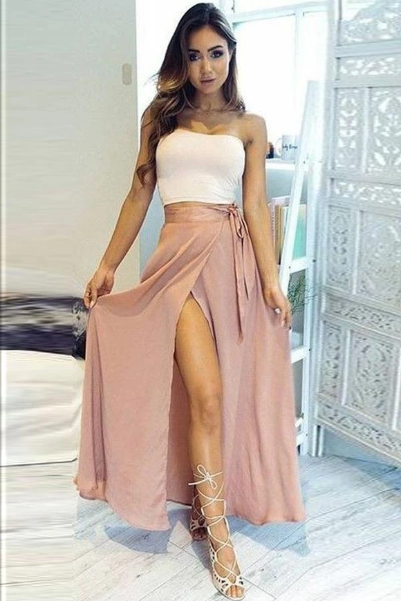 Anneprom Two Piece Strapless Ankle-Length High Split Chiffon Prom Dress APP0187