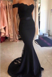Anneprom Mermaid Off The Shoulder Navy Blue Prom Dress Evening Dresses With Sash APP0031