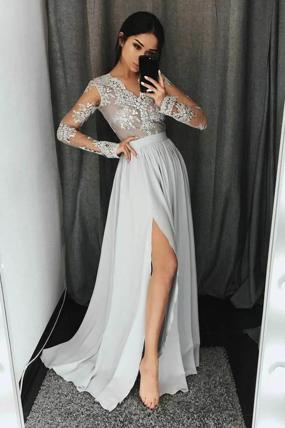 Anneprom V-Neck Long Sleeves Light Grey Chiffon Prom Dress With Appliques APP0190