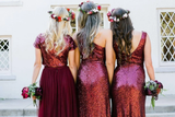Anneprom A-line Burgundy Sequins Bridesmaid Dress Sparkly Bridesmaid Dresses Long Prom Gowns APB0107