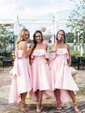Anneprom Chic Pink Strapless Bridesmaid Dress A-line High Low Bowknot Bridesmaid Dresses APB0116